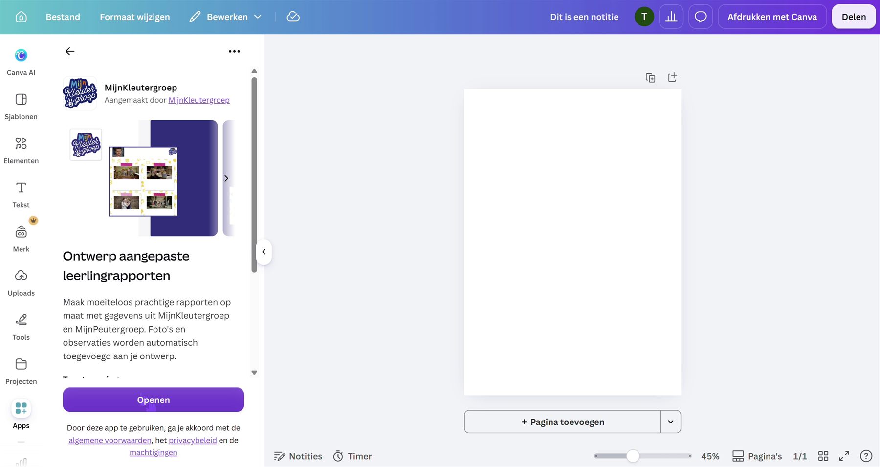 Canva: de MijnKleutergroep-app openen via Apps